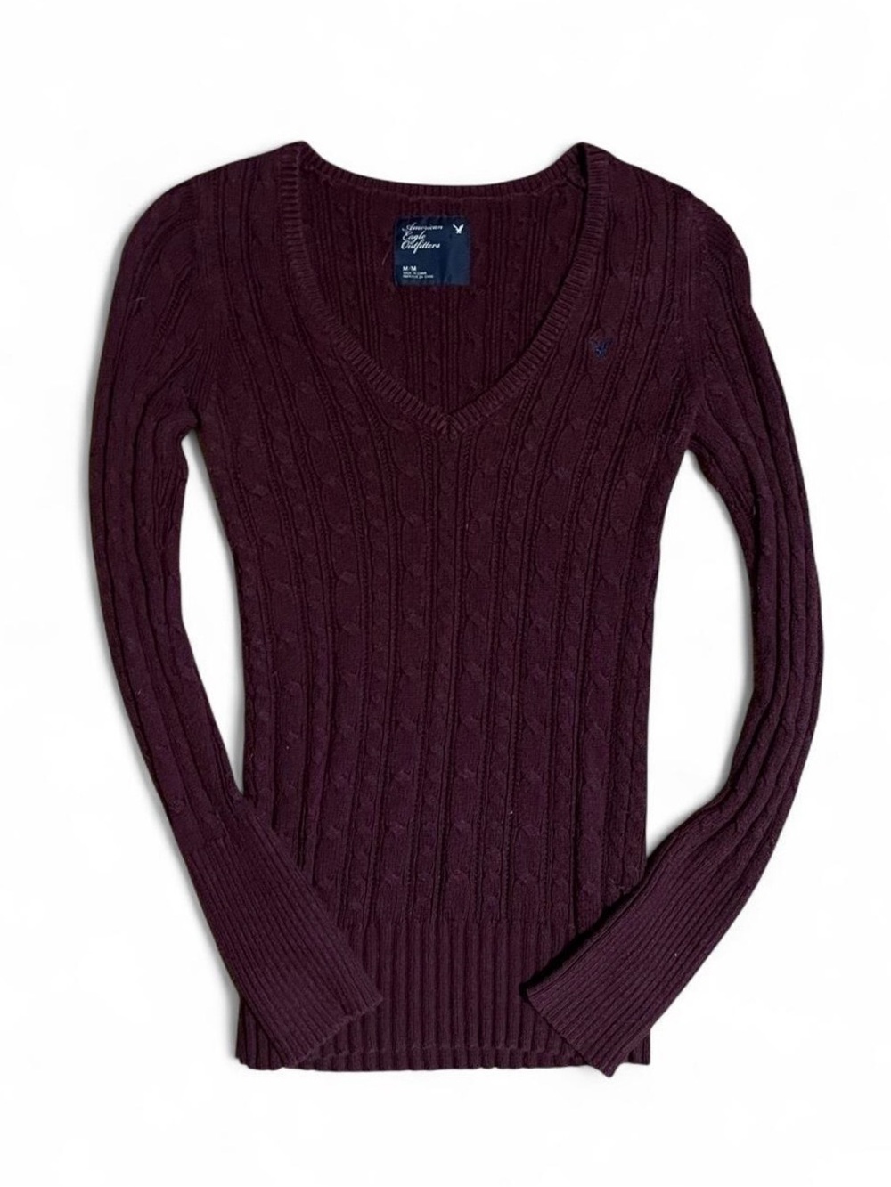 American Eagle V-Neck Cable Knit Sweater - Deep Plum